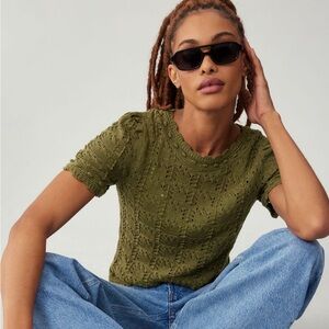 Anthropologie Green Pointelle Sweater Tee